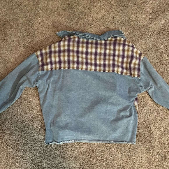 Nasty Gal Blue Jean Button Up w/purple & yellow checkered detail - Picture 3 of 3